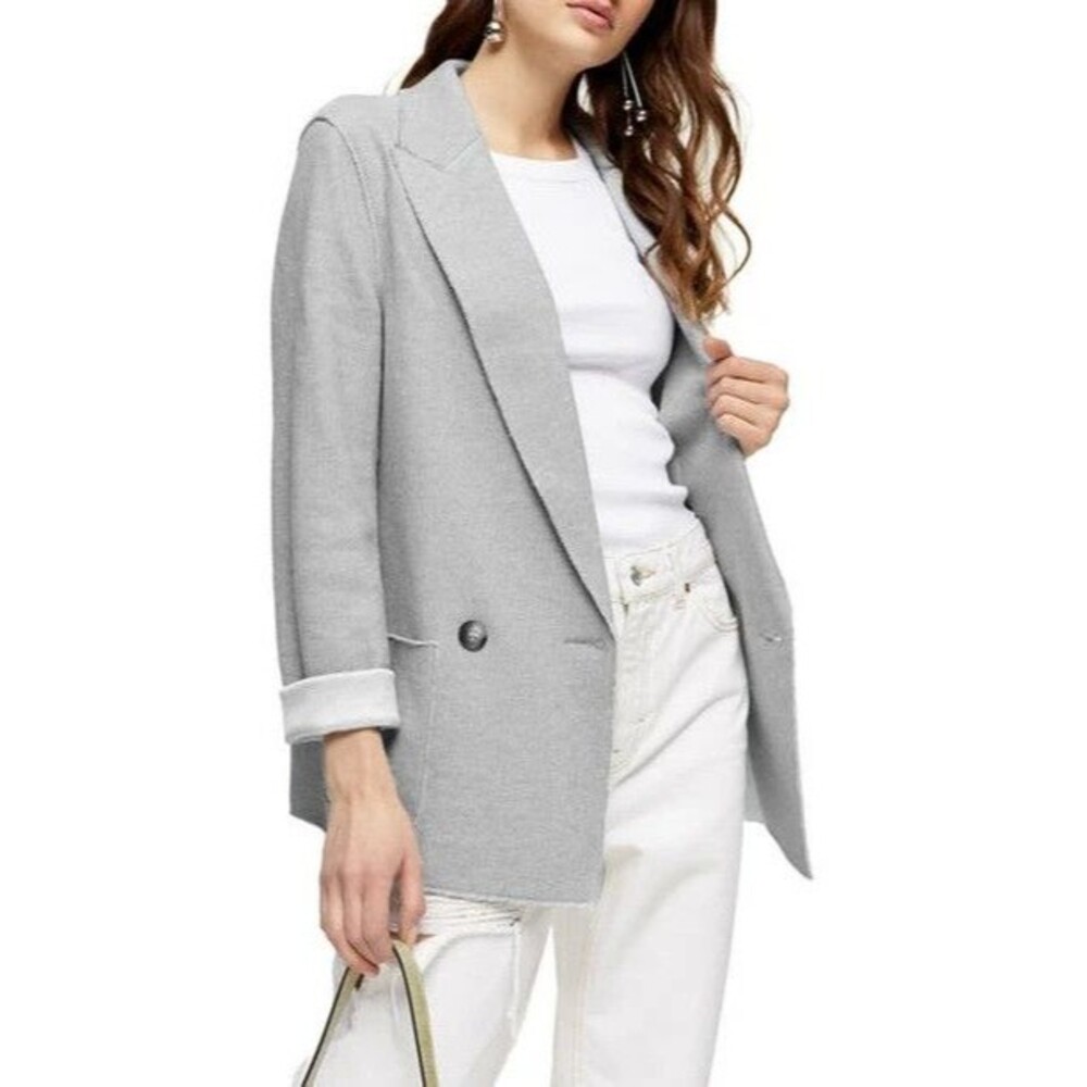 Topshop Raw Edge Double Knit Blazer In Grey Double Breated Notch Size 2 NEW